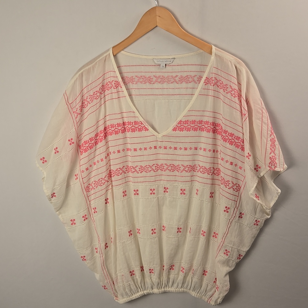 Star Mela Pink‎ Embroidered Cotton Blouse Sz M Gausy Boho Cottagecore Oversize